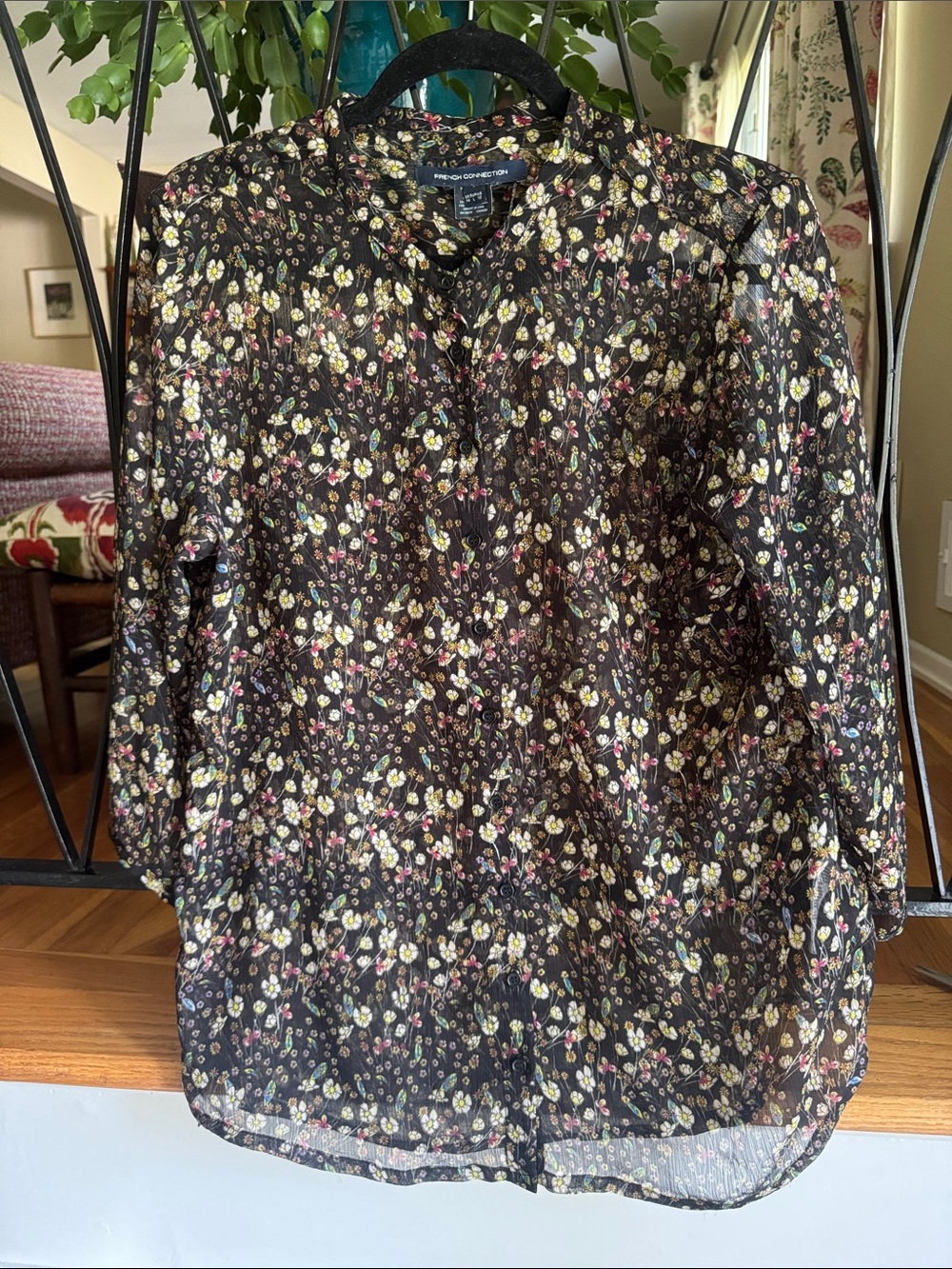 French Connection Black Floral Sheer Button-Front Blouse